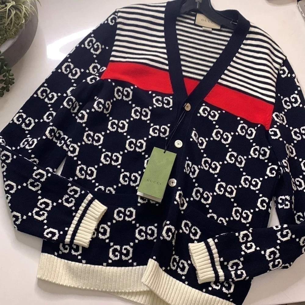 Gucci 3k Runway Limited Edition Gucci Logo Cardigan Sweater men’s small navy red